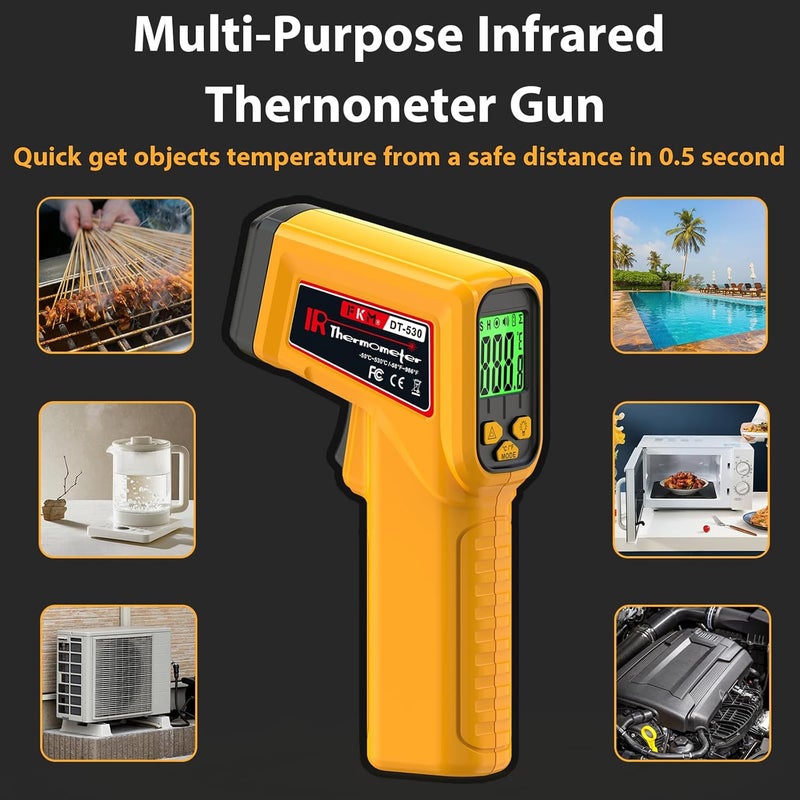 FKM Infrared Thermometer Gun Non-Contact Laser Temperature Gun,-58°F~986°F(-50°C~530°C) AdjustableEmissivity,Digital Thermometer Gun for Industrial,Kitchen Cooking,Oven,Automotive,HVAC,Not for Human - Image 3